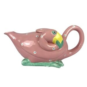 Fitz & Floyd Pink Flamingo Teapot Polka Dot Ceramic 1985 Light Pink